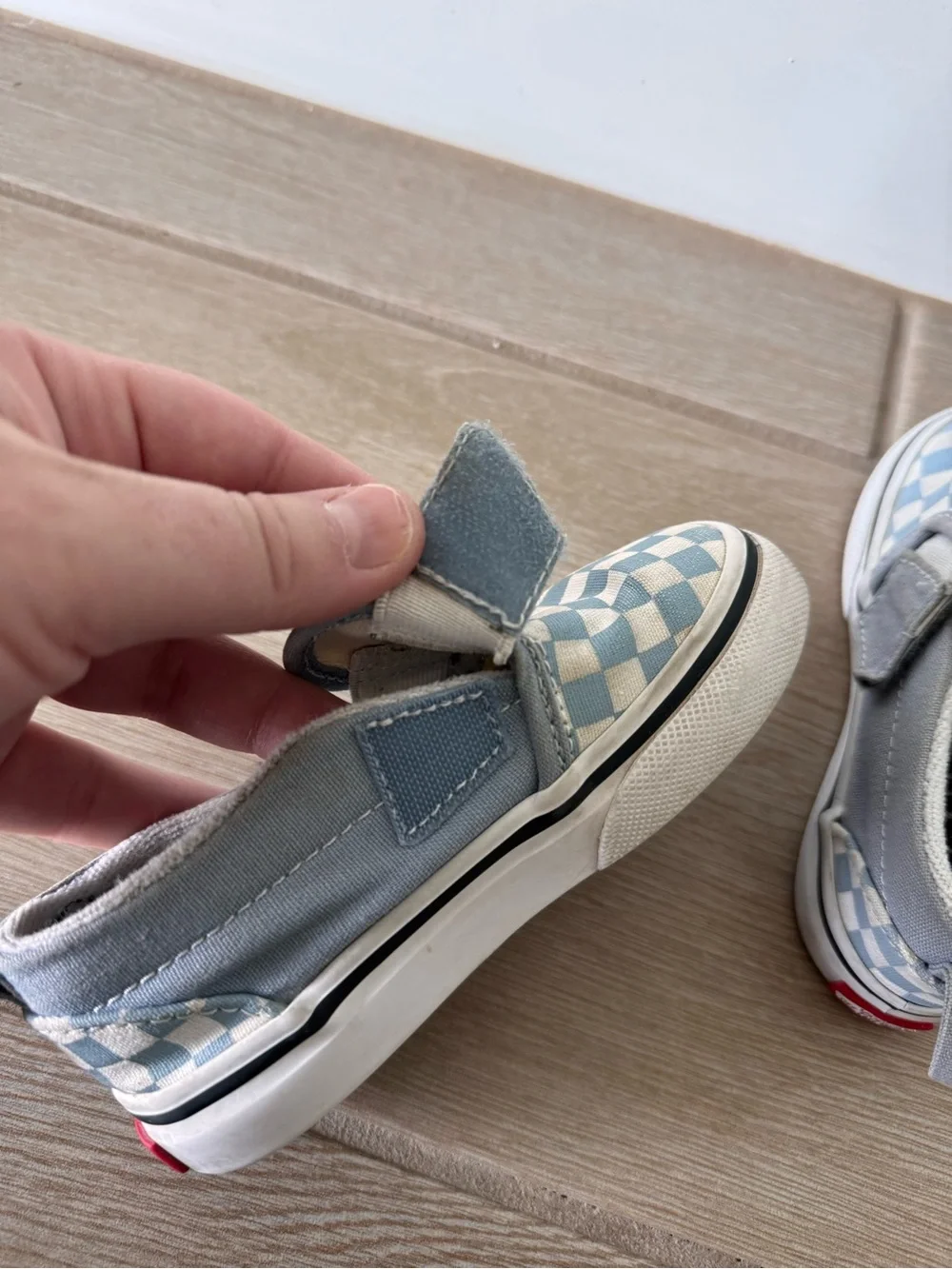 Vans Toddler Slip-On Checkerboard Sneakers in Light Blue and White